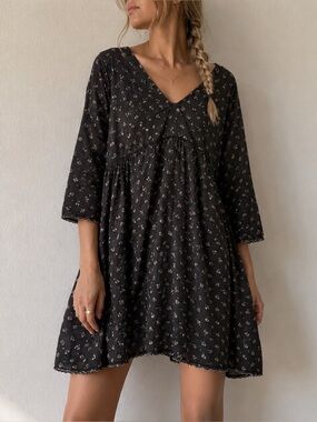 Thierry Colson Black Floral Cotton Babydoll Dress Large Cottage Prairie Grunge